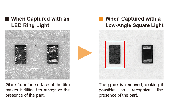 When Captured with an LED Ring Light(Glare from the surface of the film makes it difficult to recognize the presence of the part.)--When Captured with a
Low-Angle Square Light(The glare is removed, making it possible to recognize the presence of the part.)