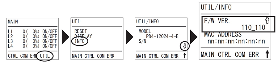 See F/W VER. under UTIL/INFO on the LCD of the PD4.